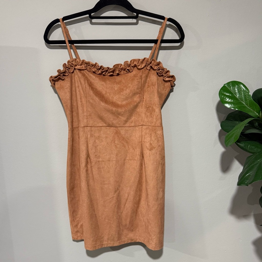 FIKA THE BRAND SUEDE RUFFLE TAN BROWN MINI DRESS SIZE M